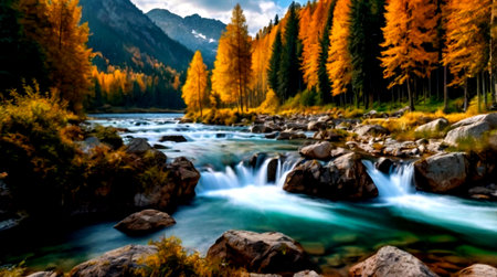 Mountain river in the autumn forest. Beautiful landscape with a mountain river.の写真素材