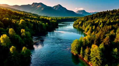 Aerial view of the river and mountains. Beautiful summer landscape.の写真素材