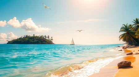 Beautiful tropical beach with white sand, turquoise sea and blue sky.の写真素材