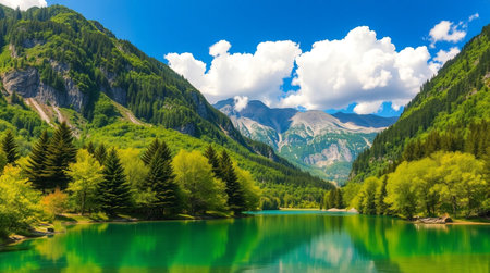 Beautiful mountain lake in the Alps. Panoramic view