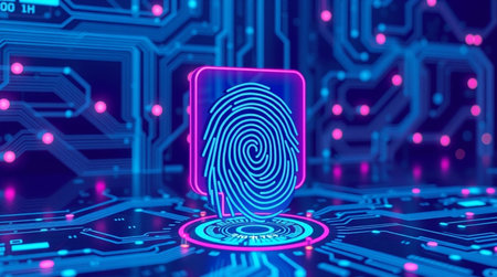 Fingerprint scan on blue circuit board background, 3d illustration