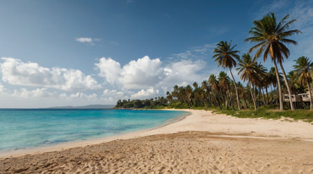 Panoramic view of beautiful tropical beach with palm trees and white sand