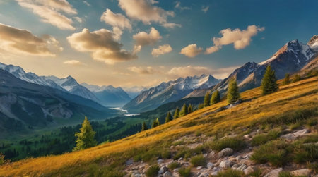 Panoramic view of the mountains in the evening, Siberia, Russiaの写真素材