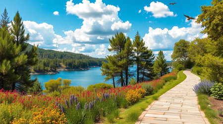 Landscape of the lake in the park with flowers and a path