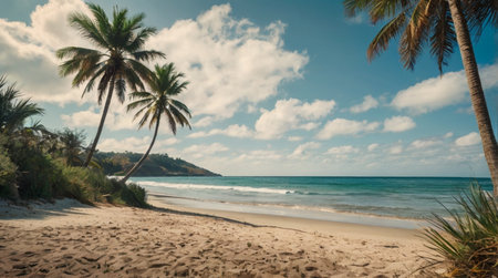 Tropical beach with palm trees and sand, Seychellesの写真素材