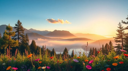 Sunset in the mountains. Beautiful summer landscape with flowers and fog.の写真素材