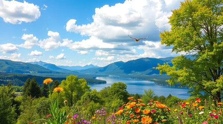 Beautiful summer landscape with lake and mountains. Panoramic view.