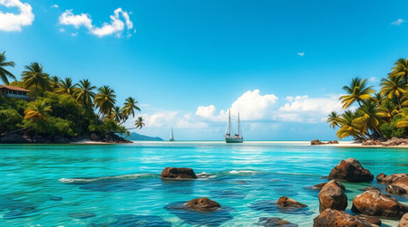 Panoramic view of Seychelles island with palm trees and turquoise waterの写真素材