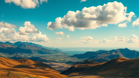 Mountain landscape with blue sky and clouds. Panoramic viewの写真素材