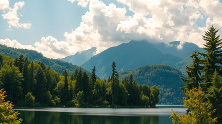 Beautiful view of a mountain lake and forest in the background.の写真素材
