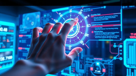 Close up of female hand touching screen with glowing charts and graphs 3D renderingの写真素材