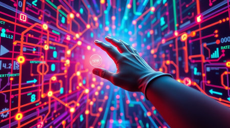 Hand in white glove touching virtual screen. Artificial intelligence concept. 3D Renderingの写真素材