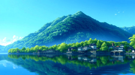 Beautiful landscape of the lake and mountains. 3D rendering.の写真素材