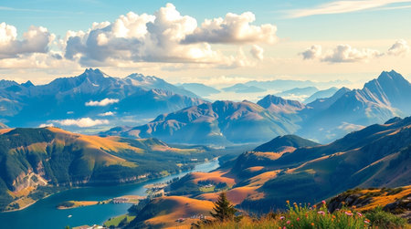 Beautiful alpine panorama of a lake in a mountainous regionの写真素材