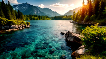 Mountain lake in the Dolomites, Italy. The concept of active and photo tourism