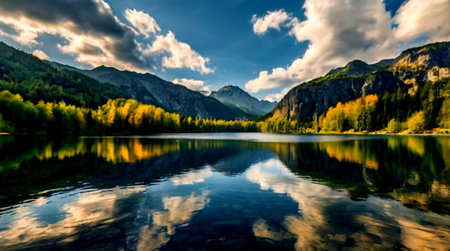 Reflection of mountains and clouds in the lake. Autumn landscape.の写真素材