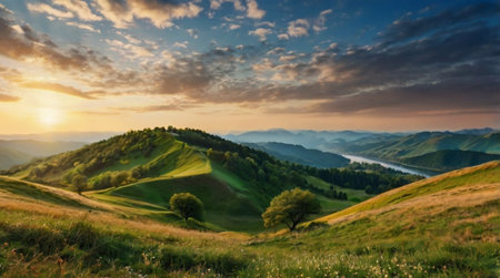 Beautiful summer landscape in the mountains at sunset. Panoramic viewの写真素材