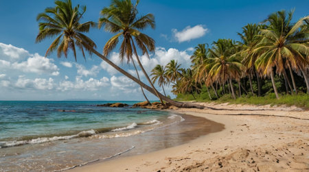 Panoramic view of a tropical beach with palm trees and sand