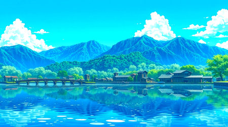 Wooden houses on the bank of the mountain lake. 3D renderingの写真素材