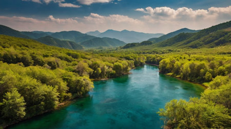 Aerial view of the turquoise river in the mountains.の写真素材