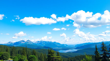 Beautiful mountain landscape with lake, forest and blue sky with clouds