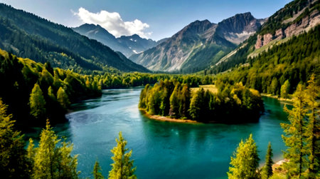 Panoramic view of the turquoise emerald water of the mountain river in the mountains