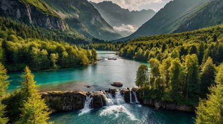 Beautiful view of the lake and waterfall in the mountains. Aerial viewの写真素材