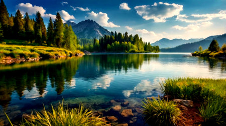 Landscape of alpine lake with reflection in water, Dolomites, Italyの写真素材