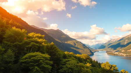 Mountain landscape with lake at sunset. Beautiful natural scenery with lake and mountains.