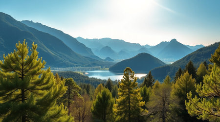 Mountain landscape with lake and pine trees. Panoramic view.の写真素材