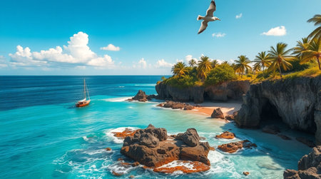 Panoramic view of beautiful beach with white sand, turquoise water and blue sky with seagullsの写真素材