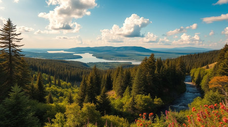 Panoramic view of the lake in the forest. Beautiful summer landscape.の写真素材