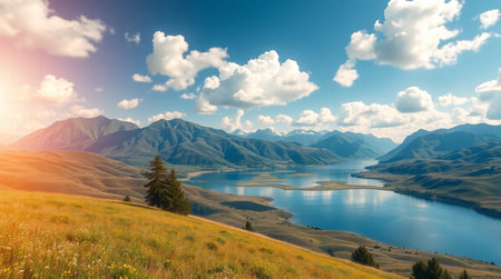 Mountain lake. Panorama of a mountain lake in the mountainsの写真素材