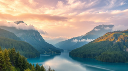 Panoramic view of the lake in the mountains at sunset.の写真素材
