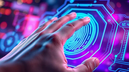 Close up of human hand touching digital hologram screen 3D renderingの写真素材