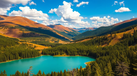 Landscape with turquoise lake in the mountains, Siberia, Russiaの写真素材