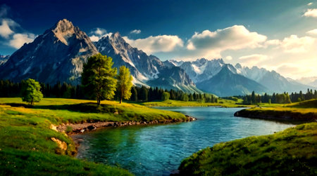 Beautiful alpine landscape with mountain lake and blue sky with clouds