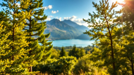 Blurred background of mountains and lake in sunny day. Beautiful nature landscape