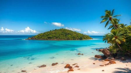 Panoramic view of beautiful Anse Lazio beach on Praslin island, Seychellesの写真素材