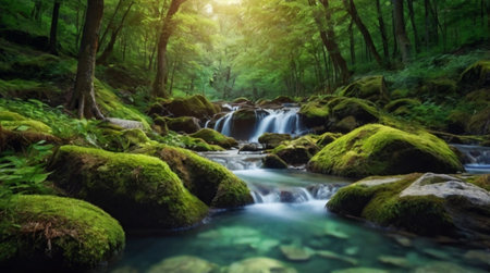 Beautiful waterfall in the green forest. Summer landscape with a waterfall