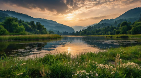 Sunset on the lake in the Carpathian mountains, Ukraine