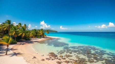 Beautiful tropical beach with coconut palm tree at Seychellesの写真素材