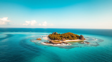 Aerial view of small island in the ocean. Tropical island with sandy beach.の写真素材