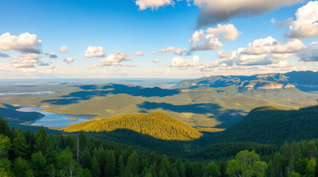 Panoramic view of the mountain lake. Beautiful summer landscape.の写真素材