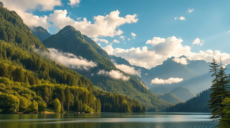 Mountain lake in the Alps. The concept of active and ecological tourism