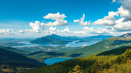 Mountain lake with blue sky and clouds. Panoramic view.の写真素材