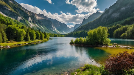 panoramic view of beautiful alpine lake in the mountains.の写真素材