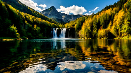 Beautiful view of the mountain lake with waterfall in autumn forest.の写真素材