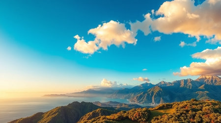Mountain landscape at sunset. Panoramic view of the sea and the mountain range.