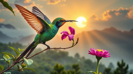Hummingbird on the flower in the garden with sunrise background.の写真素材